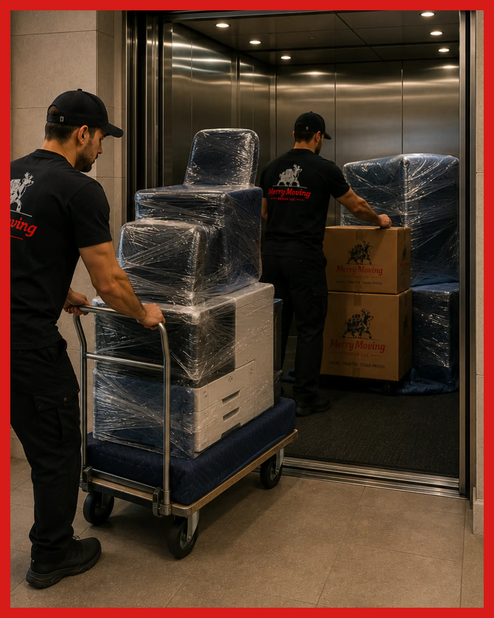 Merry Moving Texas office relocation specialists carefully moving office furniture and equipment