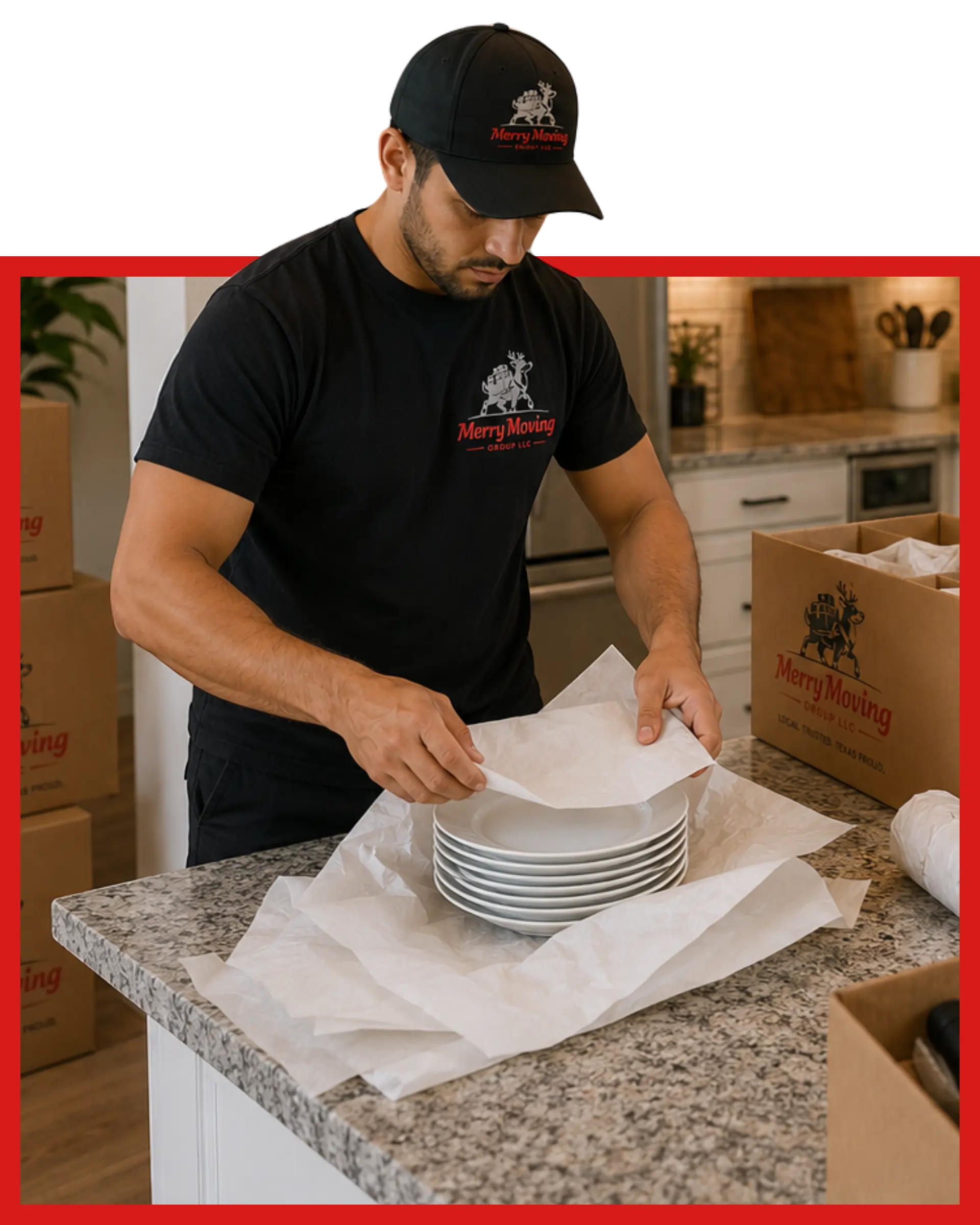 Professional movers carefully wrapping items during a move