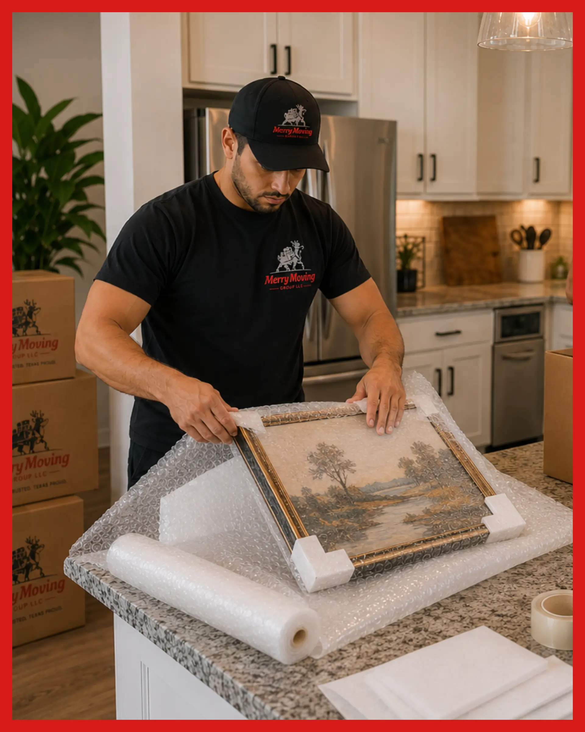 Merry Moving Texas packing specialists carefully wrapping and boxing household belongings