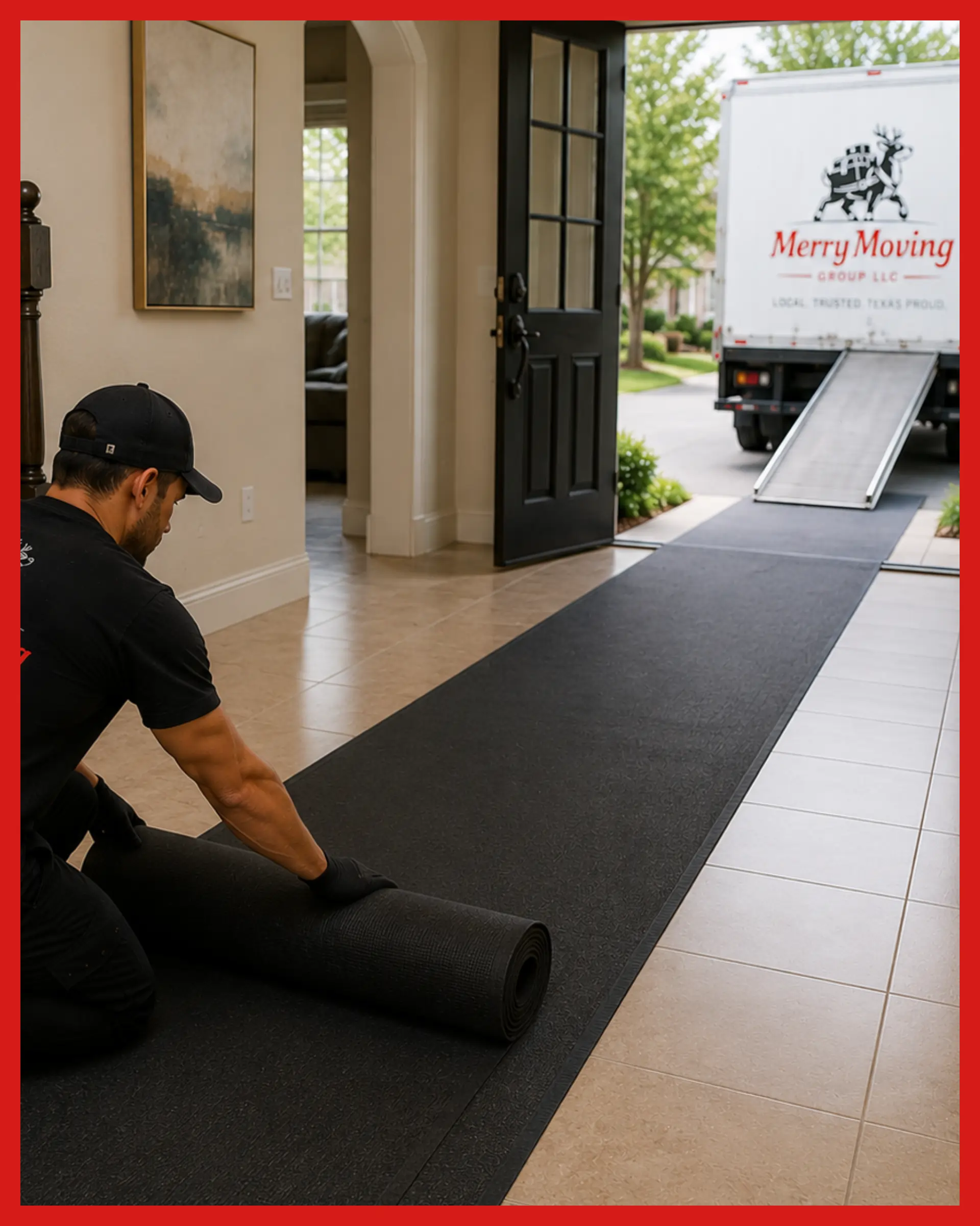 Merry Moving Texas mover preparing protective floor covering inside a home