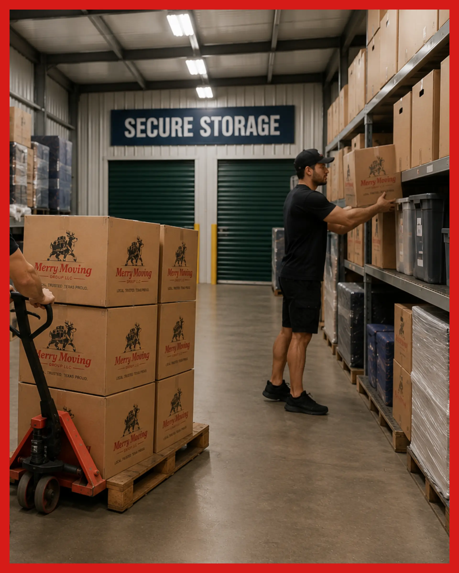 Merry Moving Texas movers organizing furniture and boxes inside a secure storage facility